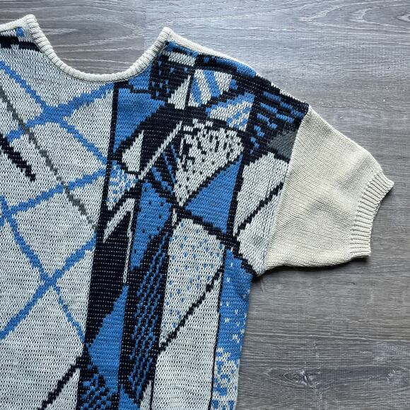 Vintage 80's Knit Sweater Top / Sz Medium / Retro New Wave / Geometric Art - Picture 3 of 7